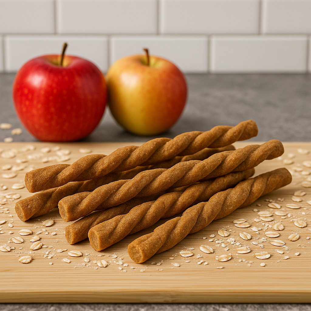 Apple Oat Twist Handmade Organic Dog Treats on a wooden board with apples and oats in the background