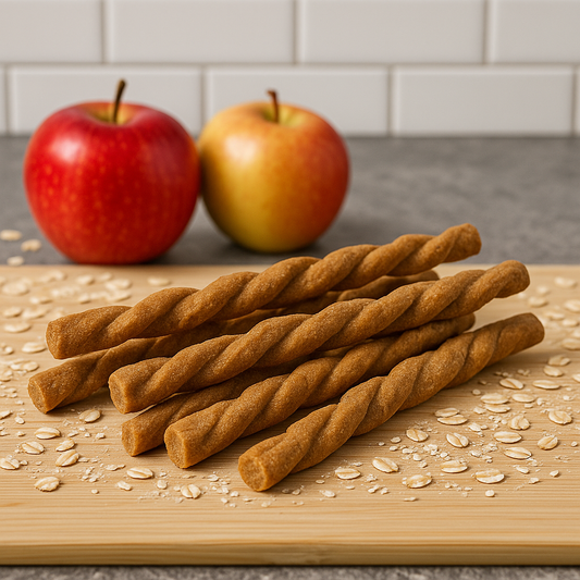 Apple Oat Twist Handmade Organic Dog Treats on a wooden board with apples and oats in the background