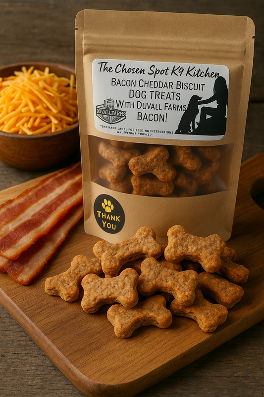 A bag of Bacon Cheddar Biscuits next to slices of bacon and a bowl of cheddar cheese