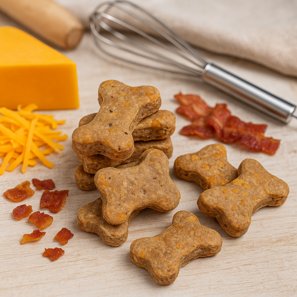 Bacon Cheddar Biscuits  handmade organic dog treats on wooden surface with cheese and bacon.