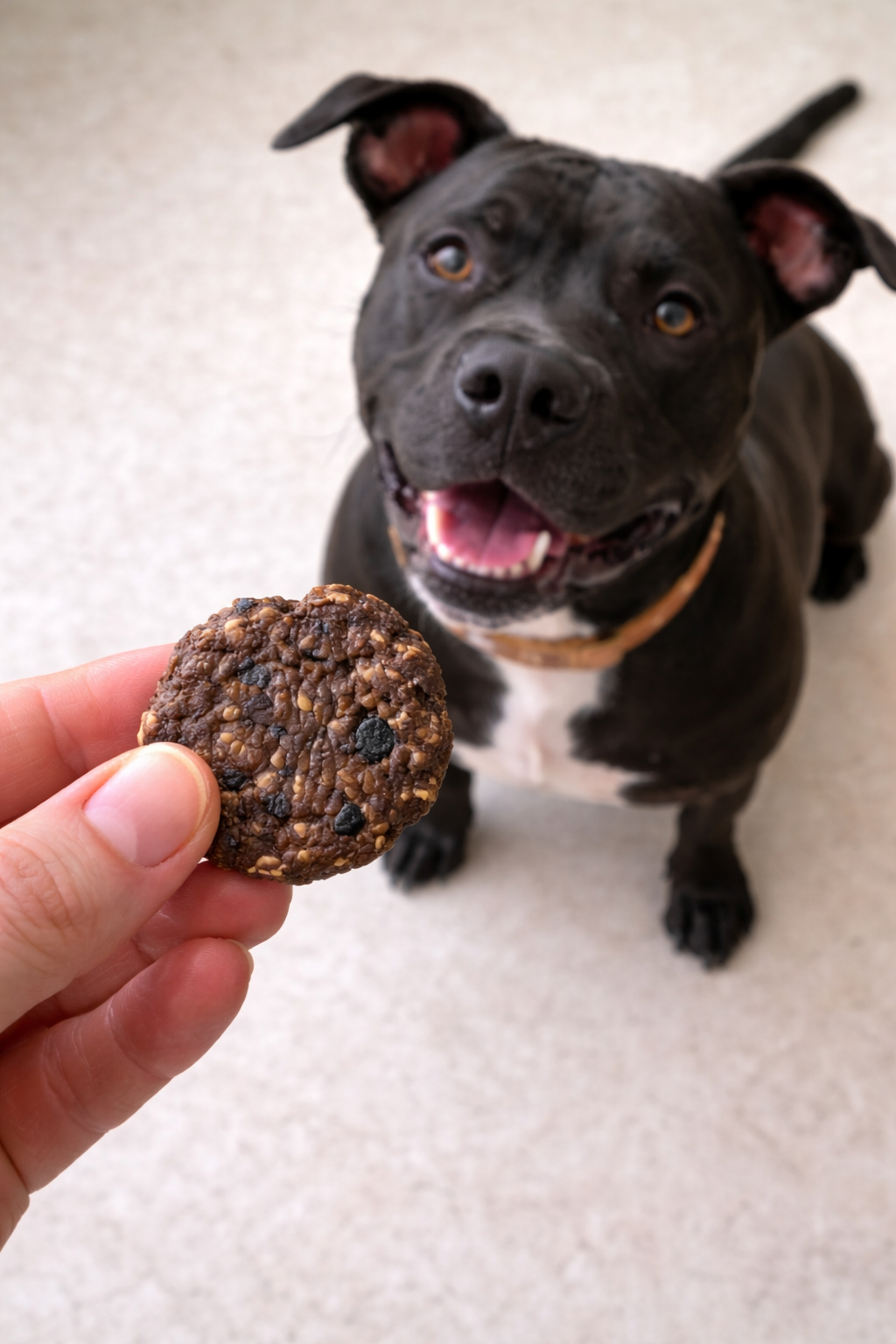 A black dog eagerly anticipating a Beef + Blueberry Bite, a handmade organic dog tret held by a persons hand.