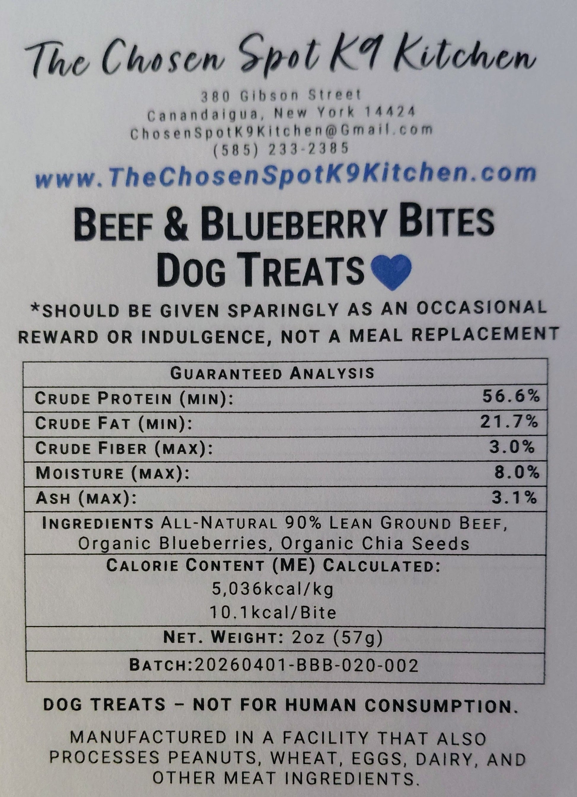 Dog treat Gruaranteed Analysis abel for 'Beef & Blueberry Bites' from The Chosen Spot K9 Kitchen with nutritional information and ingredients.