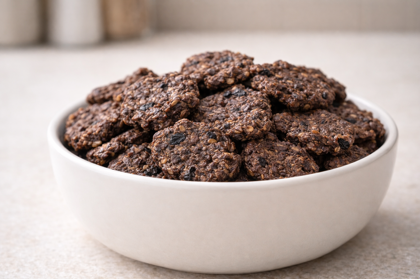 Beef + Blueberry Bites in a white bowl on a neutral background. Handmade Organic Dog Treats from The Chosen Spot K9 Kitchen in Canandaigua, NY.