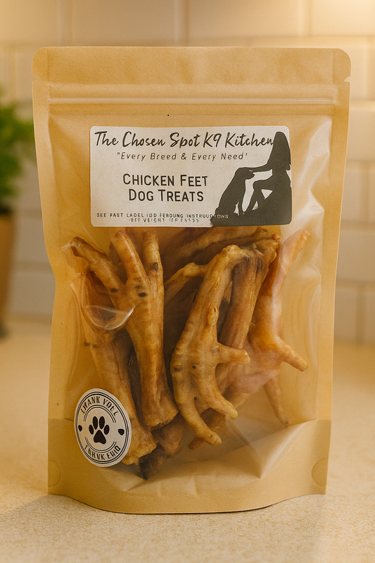 All-natural Chicken Feet organic dog treat from The Chosen Spot K9 Kitchen in a bag on a light colored counter.