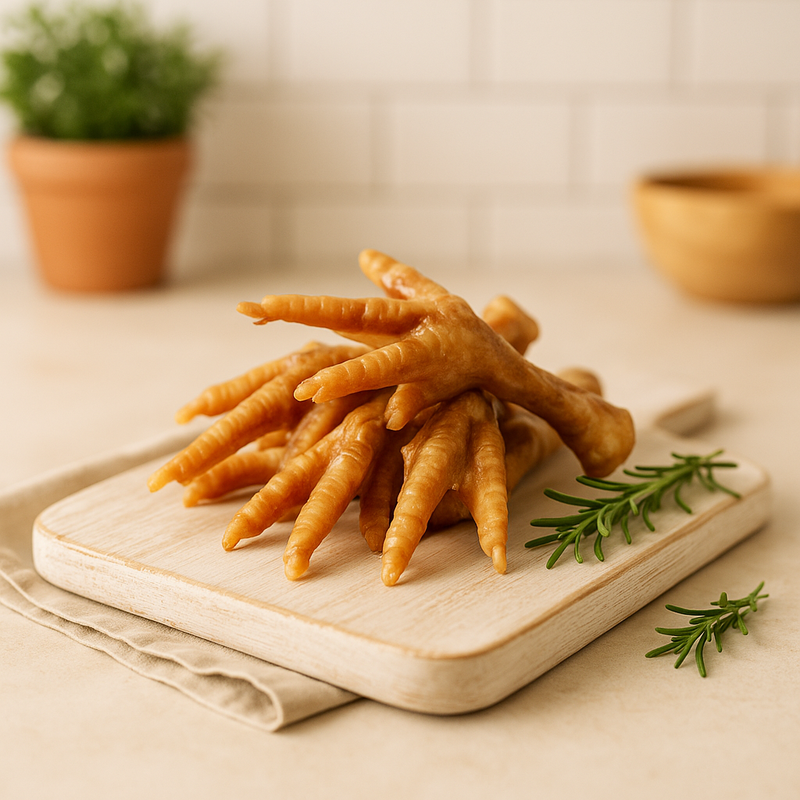 Dehydrated all-natural chicken feet handmade organic dog treats on a wooden cutting board, from The Chosen Spot K9 Kitchen in the Finger Lakes Region.