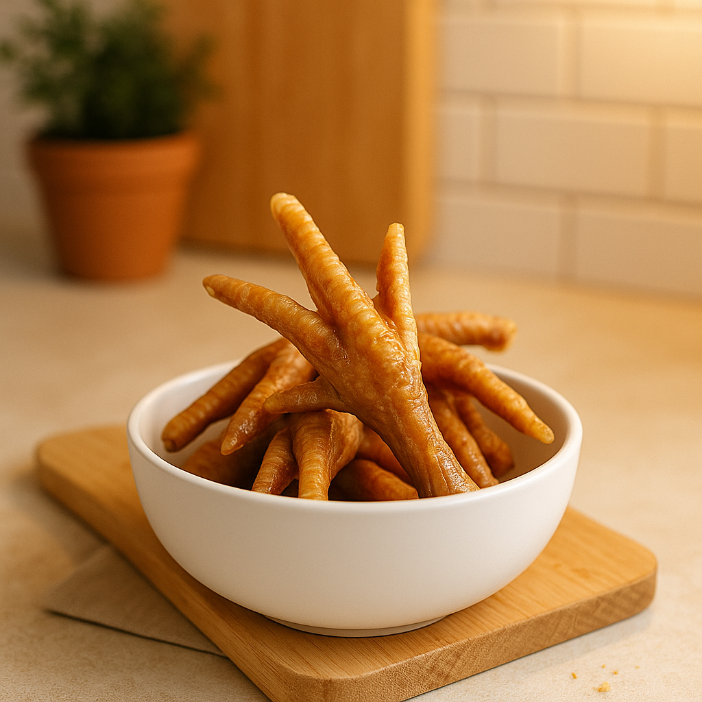 Dehydrated all-natural chicken feet handmade organic dog treats in a bowl on a wooden cutting board with a blurred kitchen background from The Chosen Spot K9 Kitchen in the Finger Lakes Region.