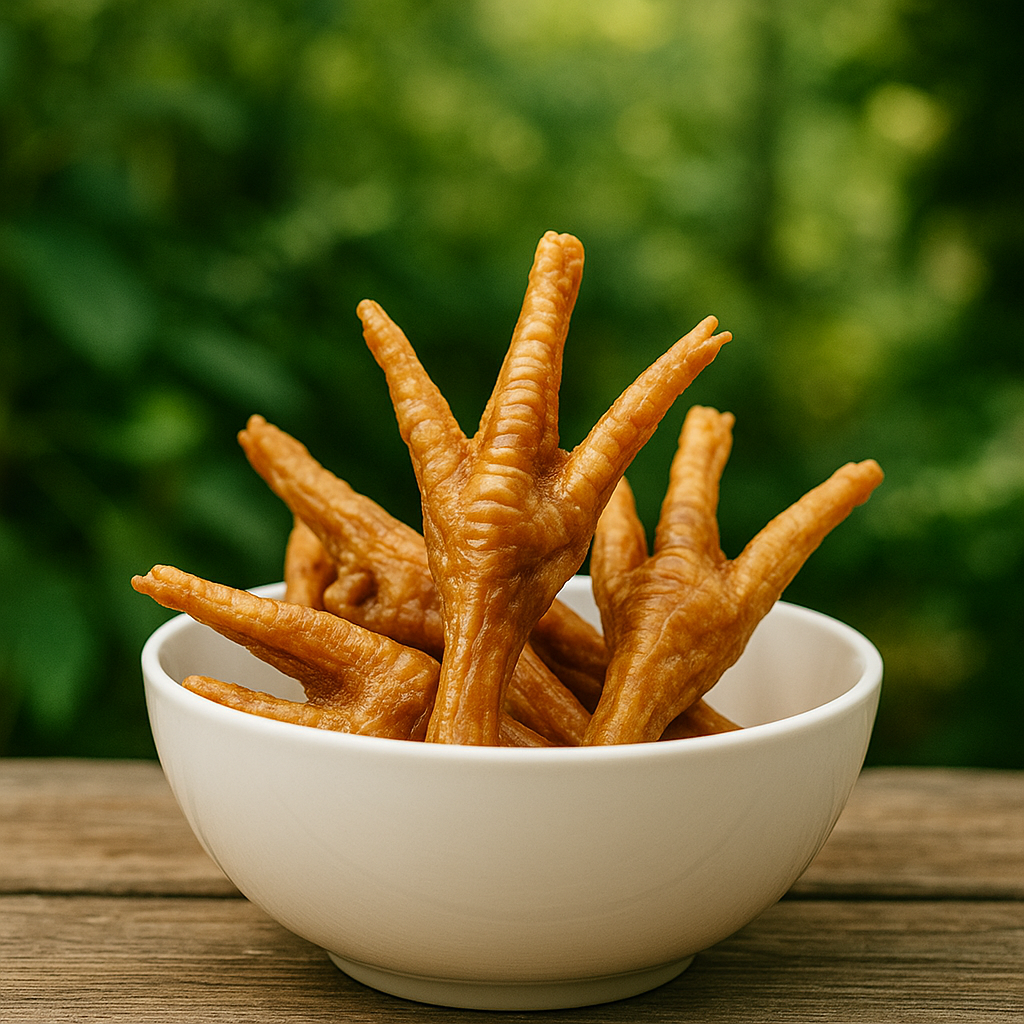 Dehydrated all-natural chicken feet handmade organic dog treats in a bowl with a blurred green background from The Chosen Spot K9 Kitchen in the Finger Lakes Region.