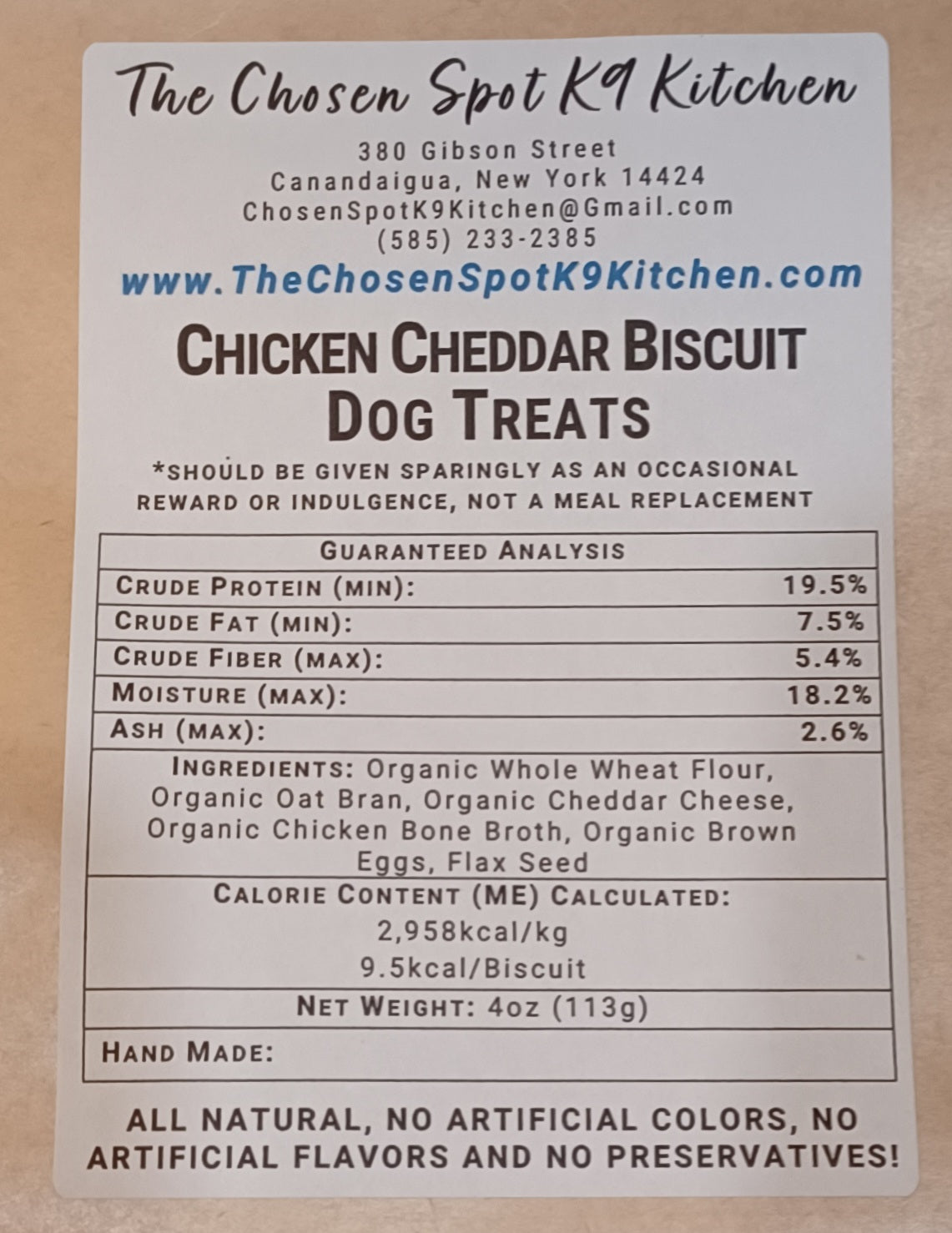 Chicken Cheddar Biscuit Organic Dog Treats - BACK Label