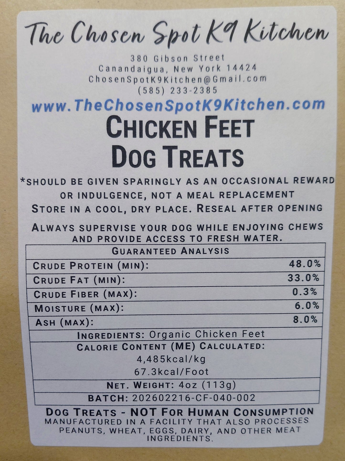Dog treat Gruaranteed Analysis abel for 'Chicken Feet' from The Chosen Spot K9 Kitchen with nutritional information and ingredients.