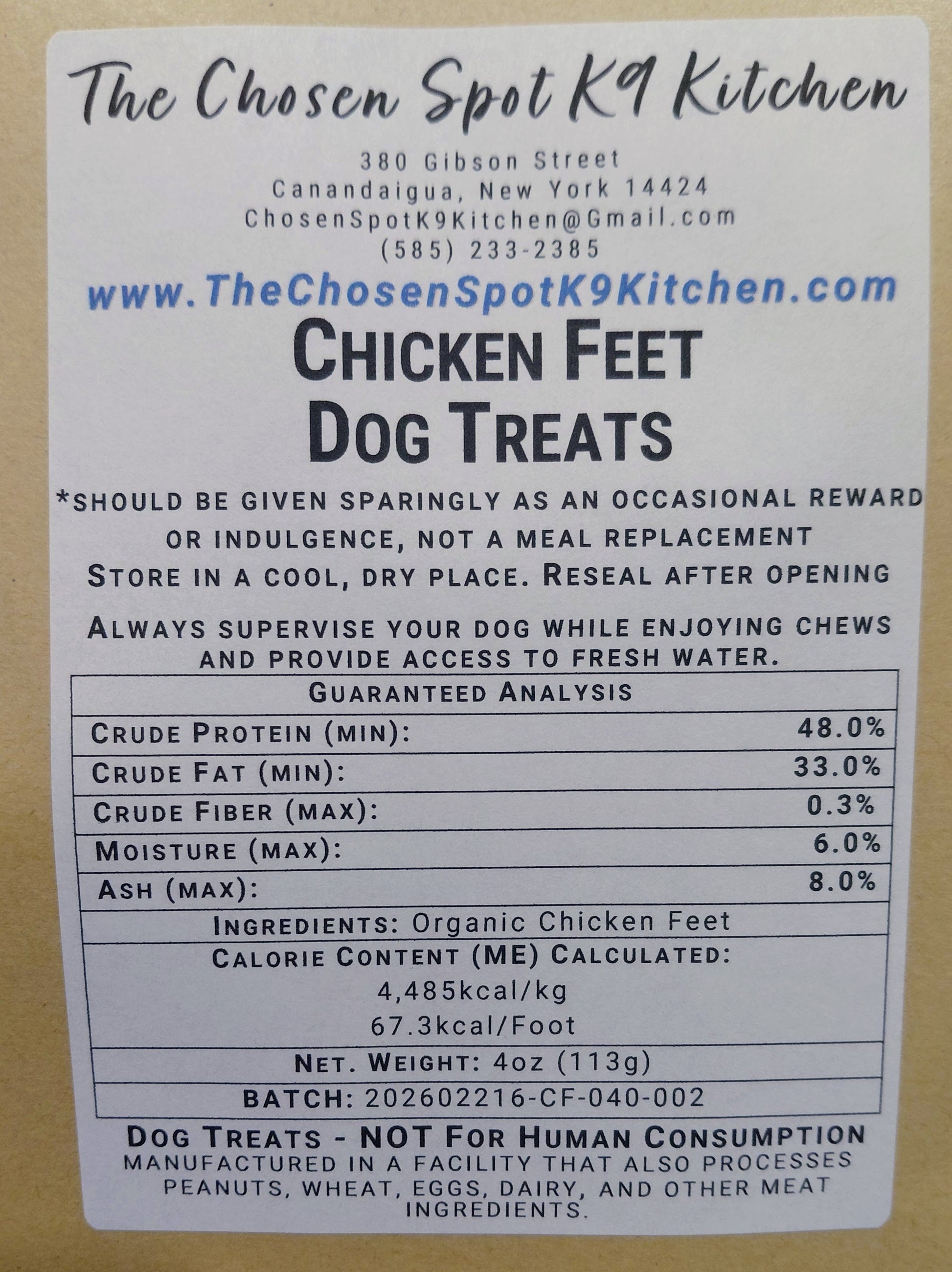 Dog treat Gruaranteed Analysis abel for 'Chicken Feet' from The Chosen Spot K9 Kitchen with nutritional information and ingredients.
