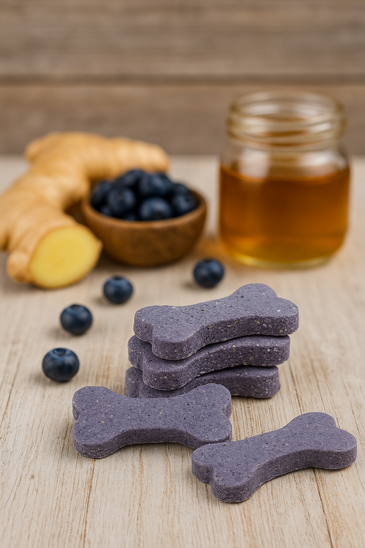 GingerBerry Bones. Handade organic dog treats from The Chosen Spot K9 Kitchen with whole ginger, blueberries and a jar of raw honey in the background.