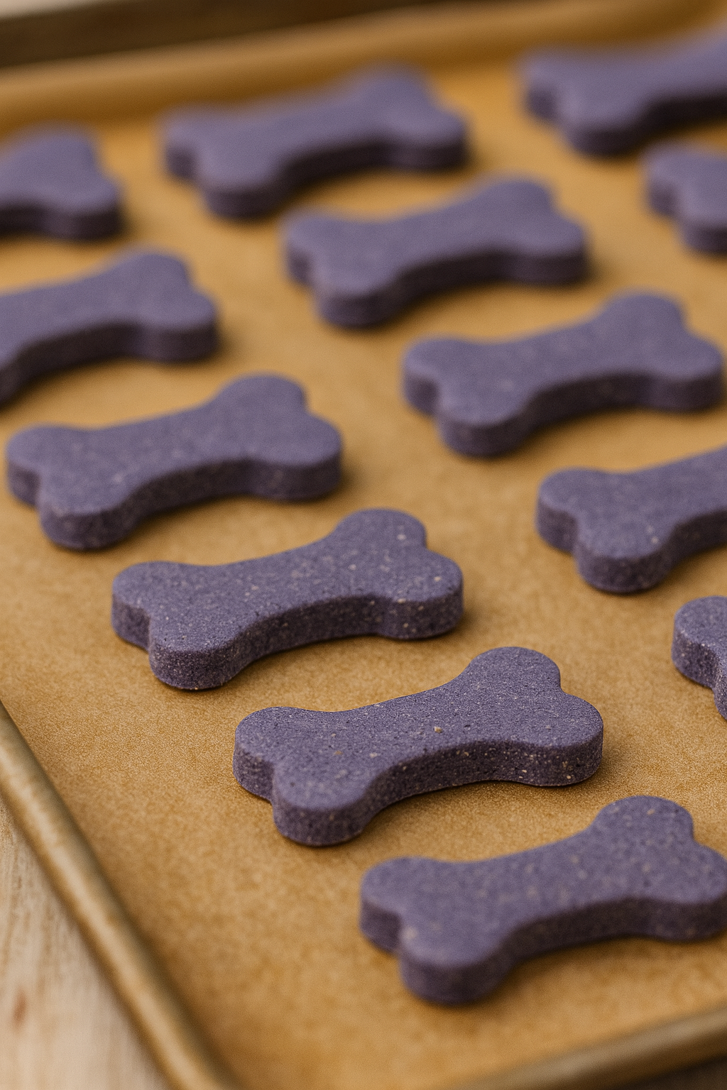 GingerBerry Bones. Handade organic dog treats from The Chosen Spot K9 Kitchen on a cookie sheet. 