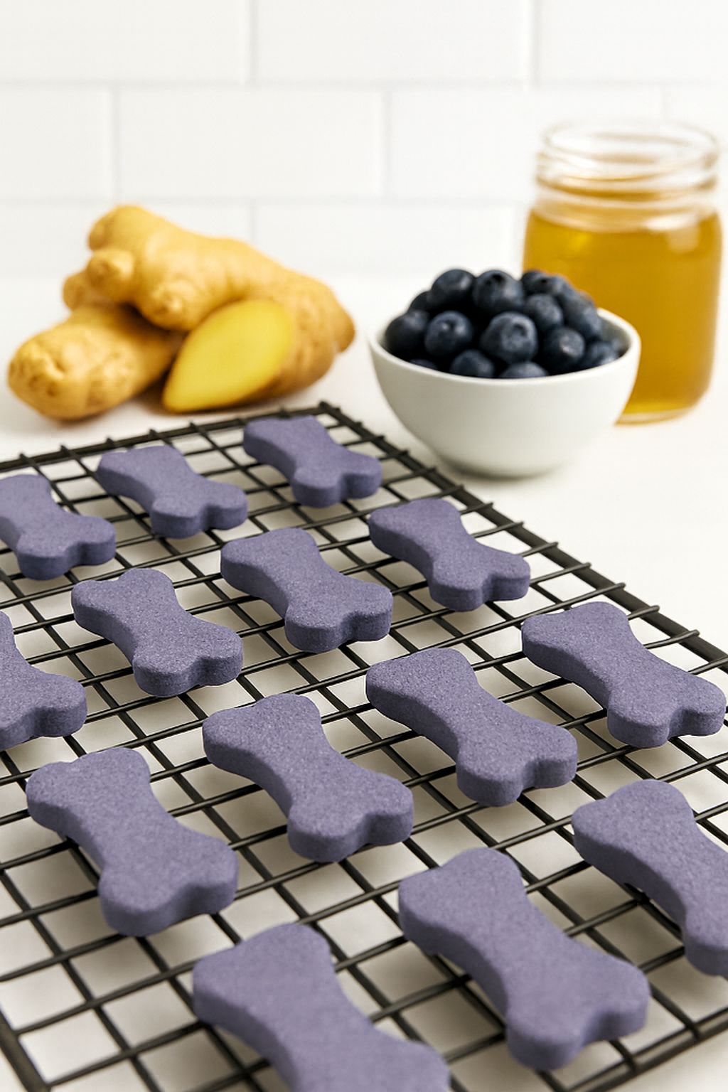 GingerBerry Bones. Handade organic dog treats from The Chosen Spot K9 Kitchen on a cooling rack with whole ginger, blueberries and a jar of raw honey in the background.