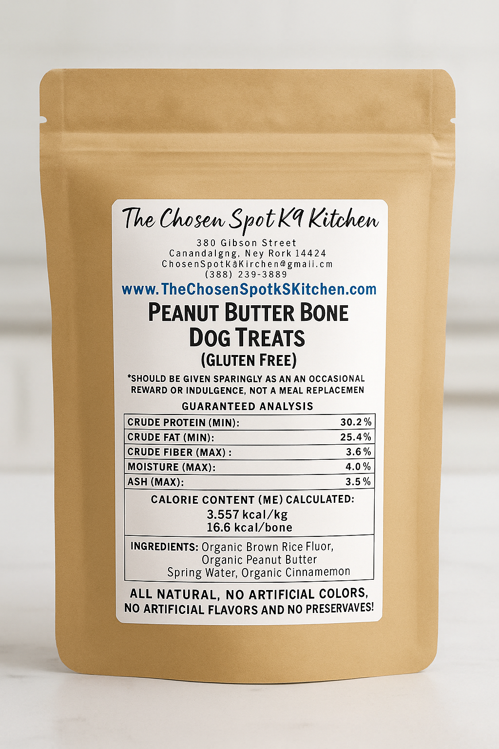 Gluten-Free Peanut Butter Bones. Handmade Organic Dog Treats - BACK Label containg: Guaranteed Analysis, Ingredients & Calorie Content (ME) Calculated.