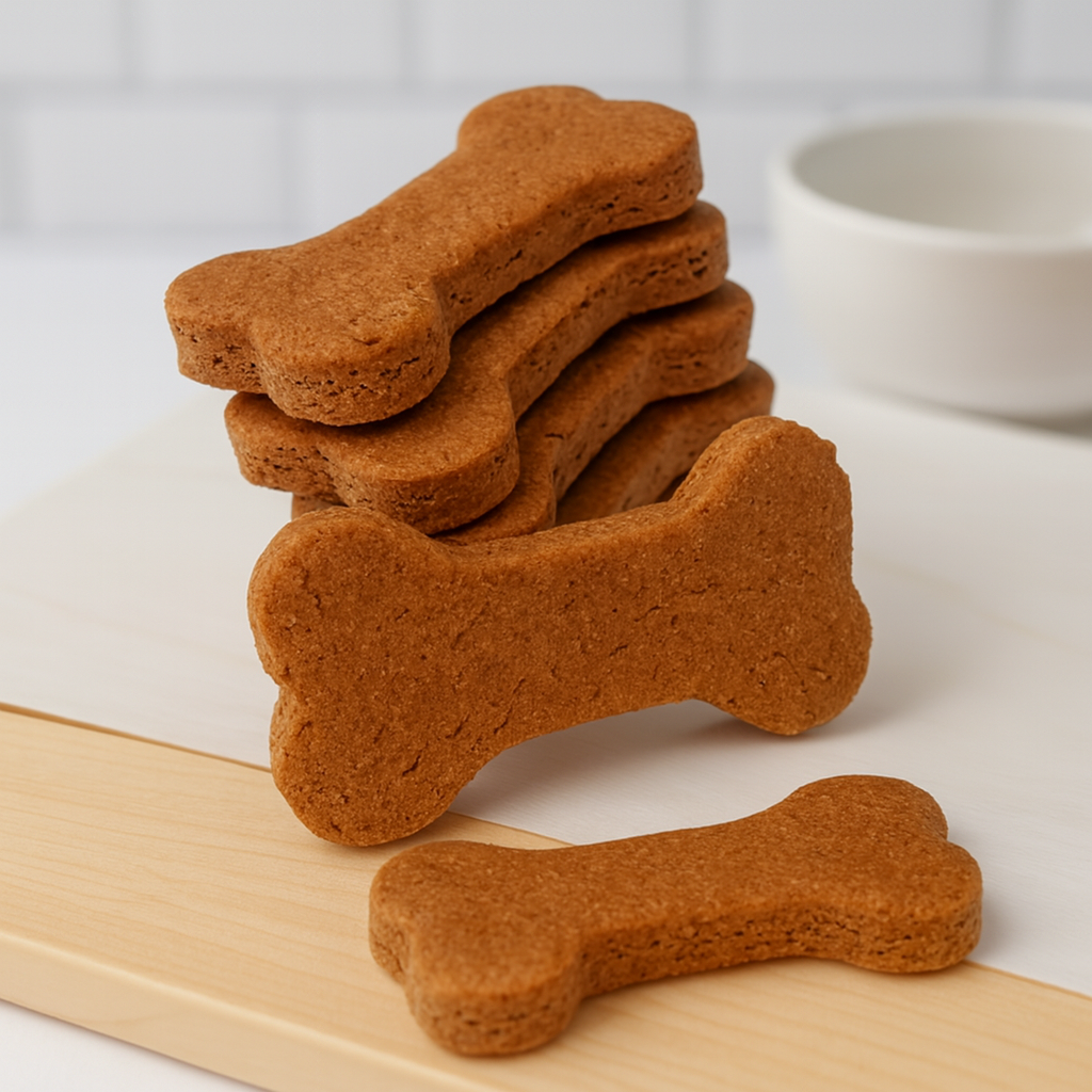 Gluten-Free PEanut Butter Bones. Handmade organic dog treats from The Chosen Spot K9 Kitchen on a light background.