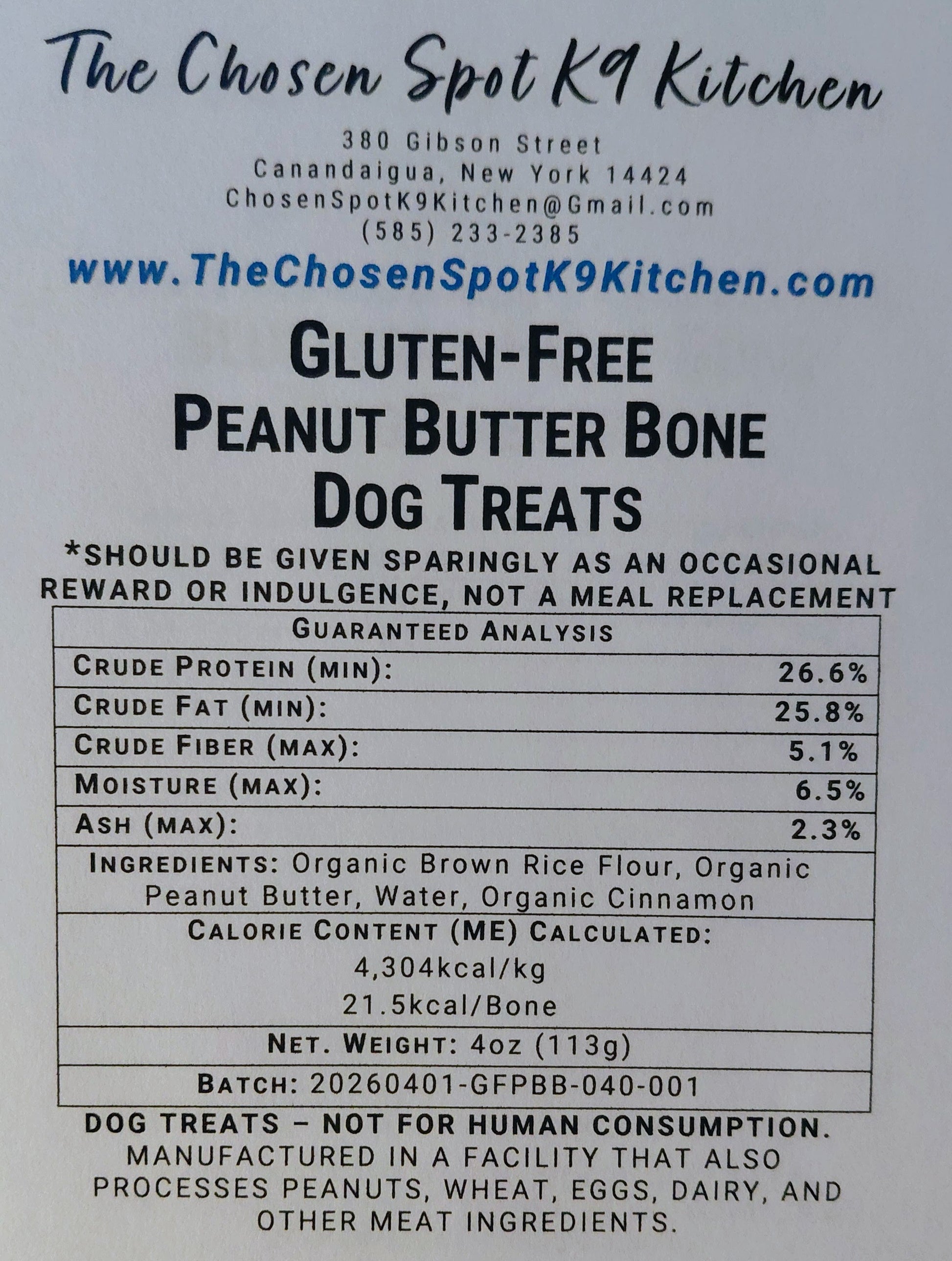 Dog treat Gruaranteed Analysis abel for 'Gluen-Free Peanut Butter Bones' from The Chosen Spot K9 Kitchen with nutritional information and ingredients.
