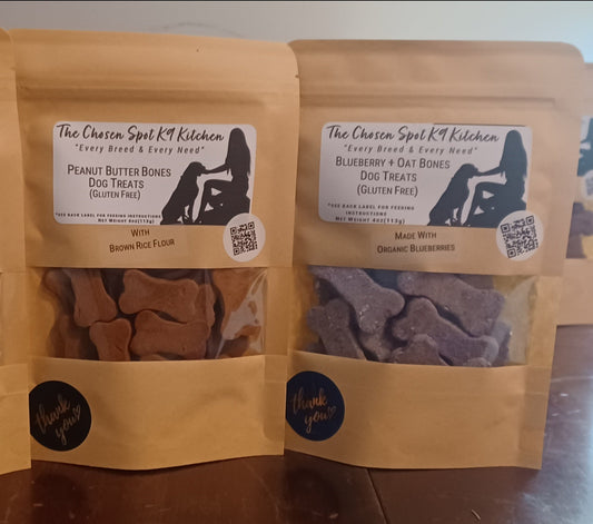 Front view of Peanut Butter Bones (Gluten Free) and Blueberry + Oat Bones (Gluten Free)