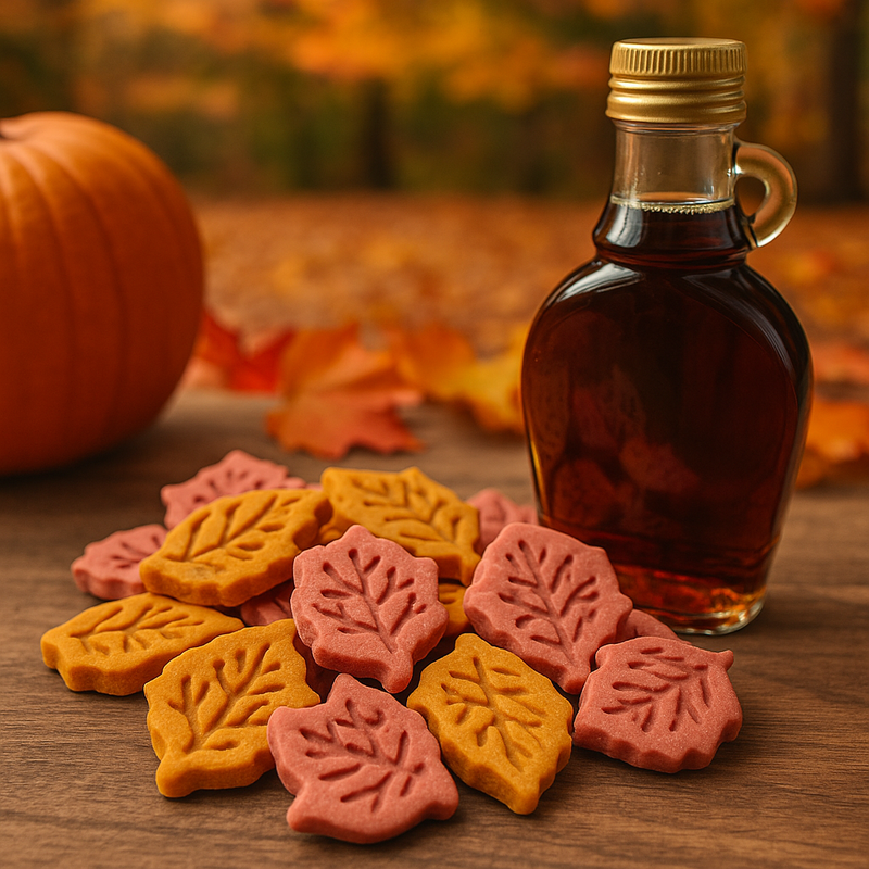 Harvest Maple Treats. Handmade organic holiday dog treats from The Chosen Spot K9 Kitchen layed out on a wooden table with a bottle of maple syrup and a pumpkin nearby.