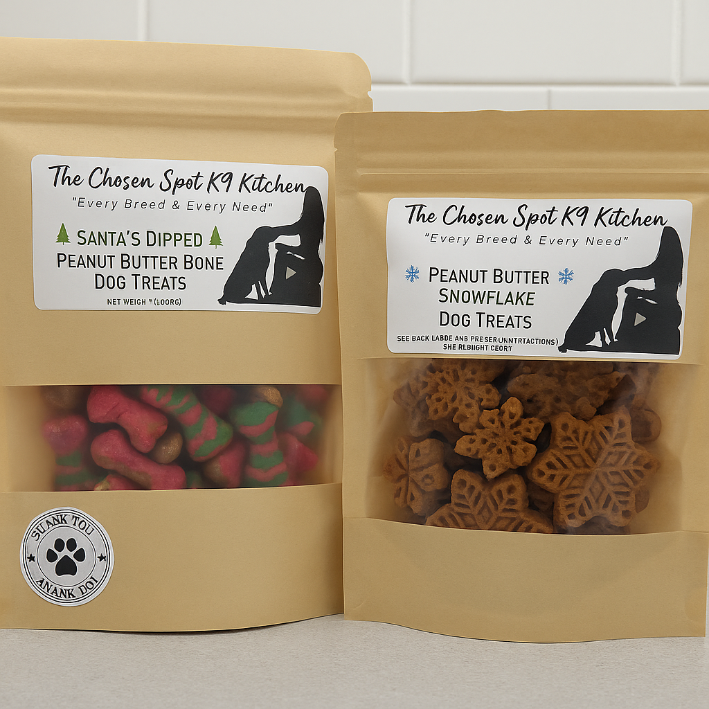 The Holiday Bundle, handmade holiday organic dog treats. The Holiday Bundle includes Santa's Dipped Peanut Butter Bones and Peanut Butter Snowflakes, all from The Chosen Spot K9 Kitchen.