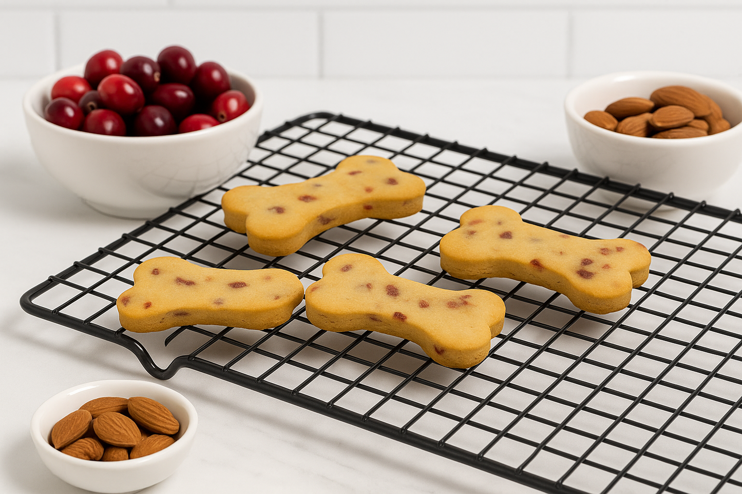 Holiday Cranberry Almond Biscuits (gluten-free & grain-free). Handmade organic dog treats from The Chosen Spot K9 Kitchen layed out on a cooling rack with a dish of cranberries and a dish of almonds nearby. Perfect holiday dog treats.