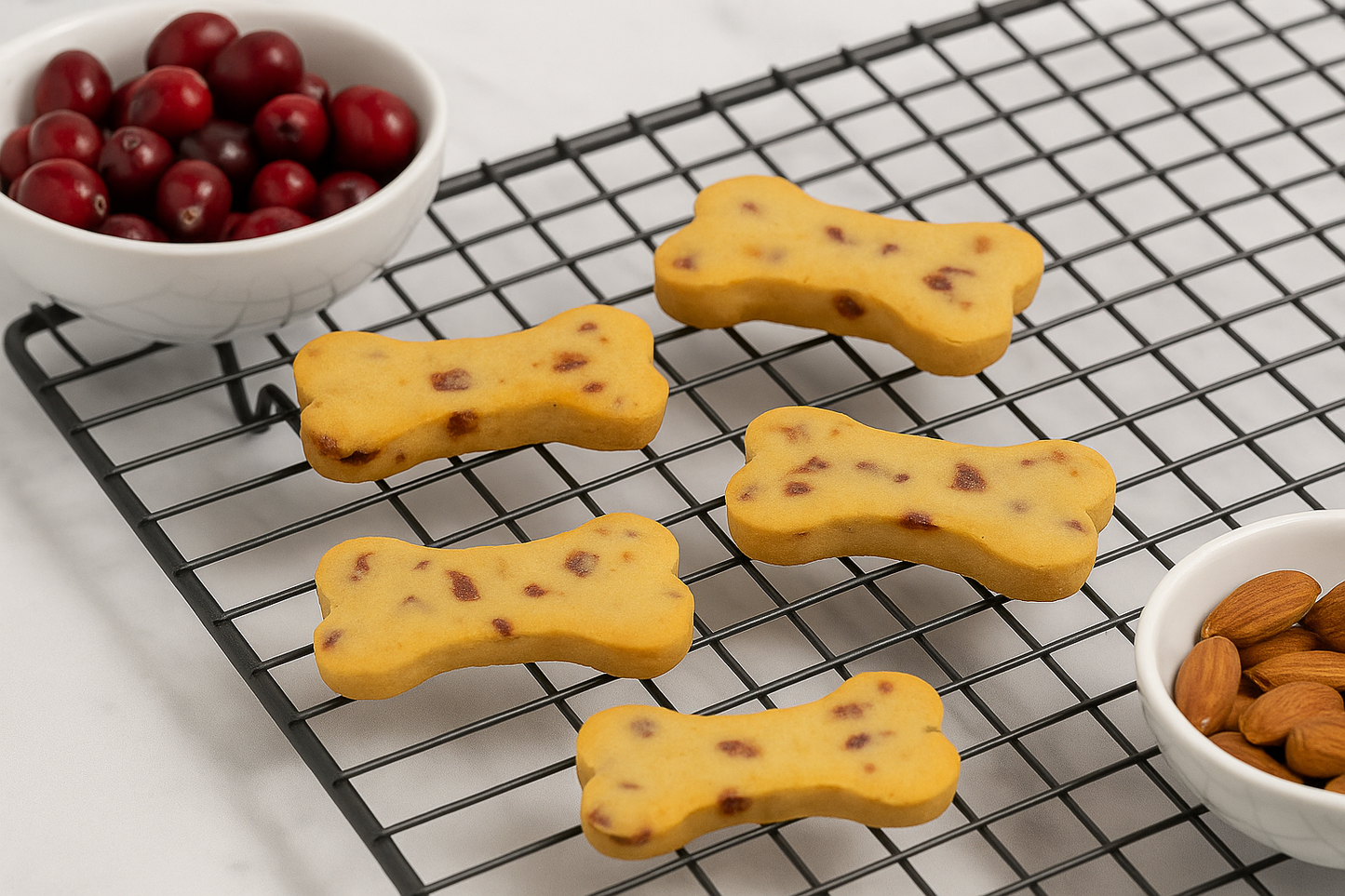 Holiday Cranberry Almond Biscuits (gluten-free & grain-free). Handmade organic dog treats from The Chosen Spot K9 Kitchen layed out on a cooling rack with a dish of cranberries and a dish of almonds nearby. Perfect holiday dog treats.