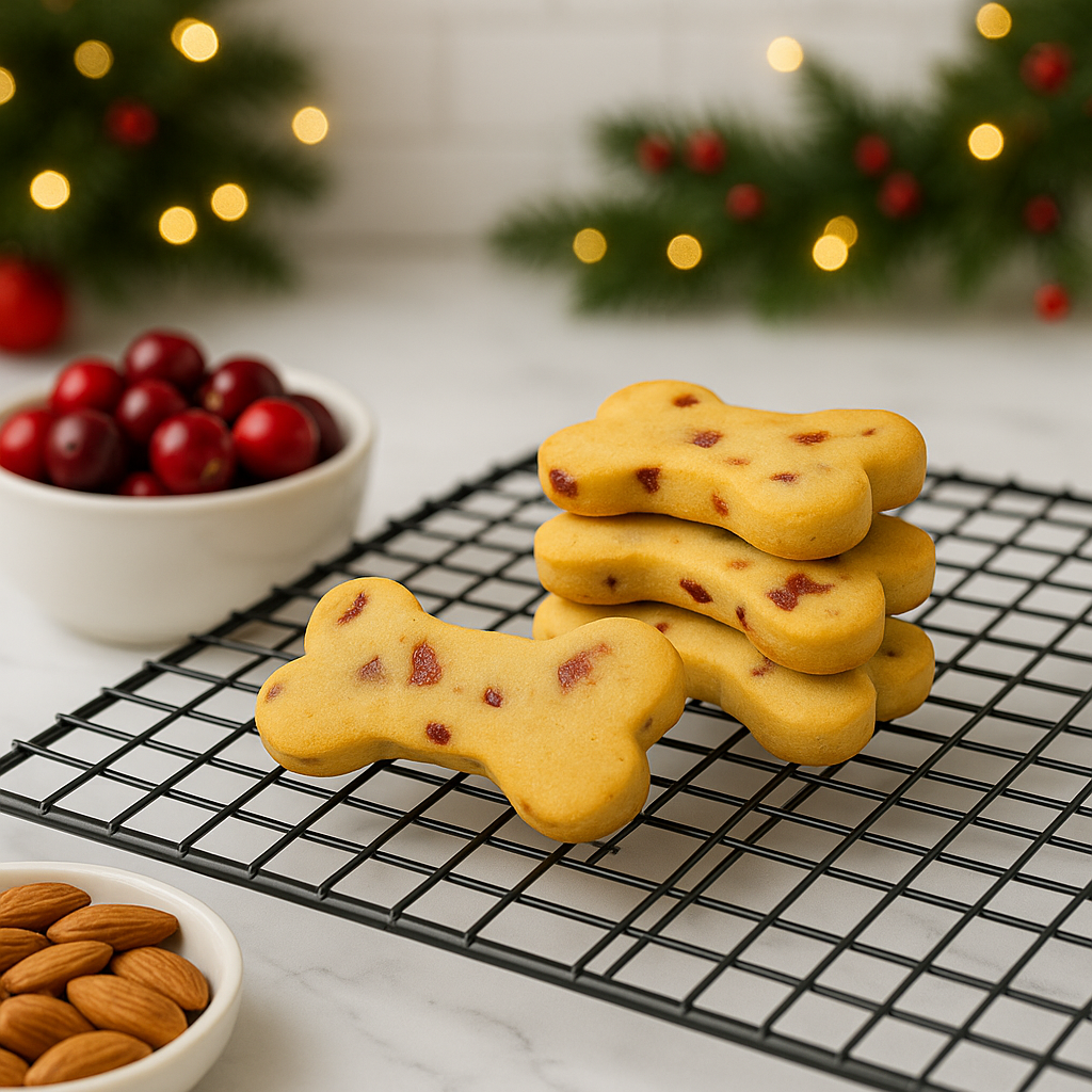 Holiday Cranberry Almond Biscuits (gluten-free & grain-free). Handmade organic dog treats from The Chosen Spot K9 Kitchen layed out on a cooling rack with a dish of cranberries and a dish of almonds nearby with blurred christmas lights in the background. Perfect holiday dog treats.