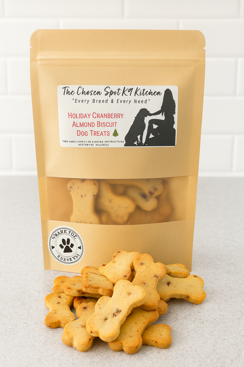 Holiday Cranberry Almond Biscuits. Handmade organic dog treats from The Chosen Spot K9 Kitchen on a beige backdrop. Front label