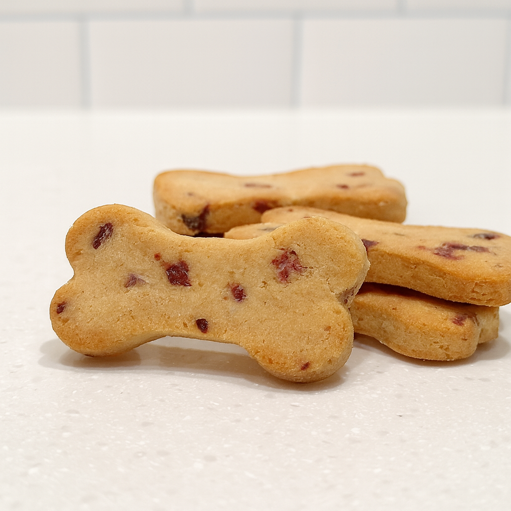 Holiday Cranberry Almond Biscuits. Handmade organic dog treats from The Chosen Spot K9 Kitchen.