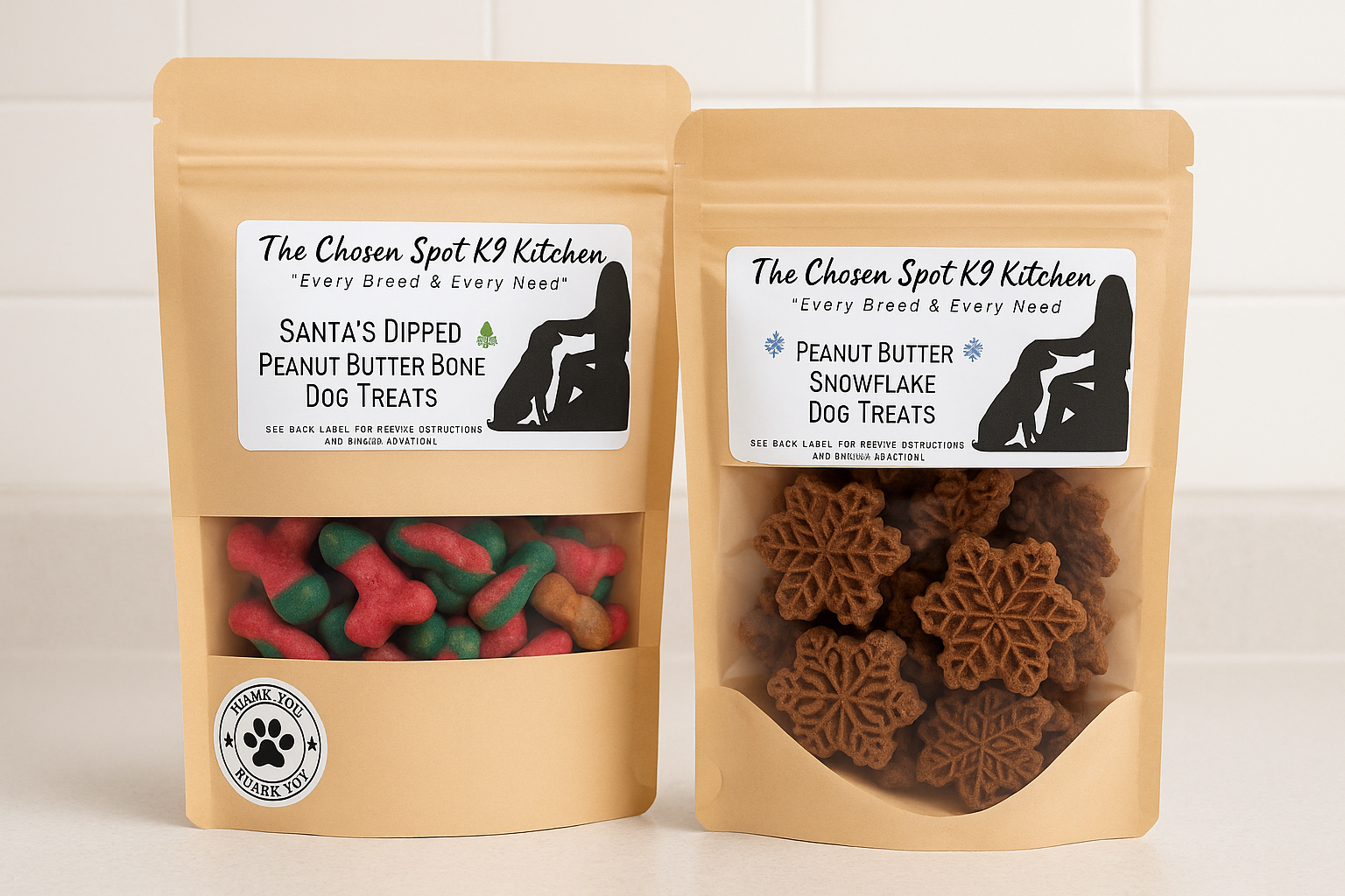Santa's Dipped Peanut Butter Bones and Peanut Butter Snowflakes. Handmade organic holiday dog treats from The Chosen Spot K9 Kitchen.