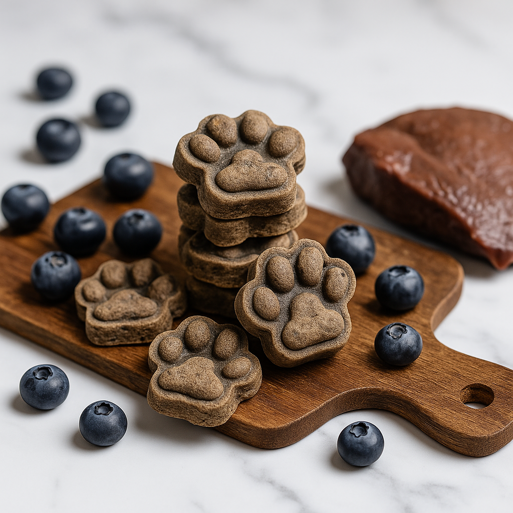 Liver + Blueberry Paws handmade organic dog treats from The Chosen Spot K9 Kitchen on a wooden board with blueberries and a slice of liver