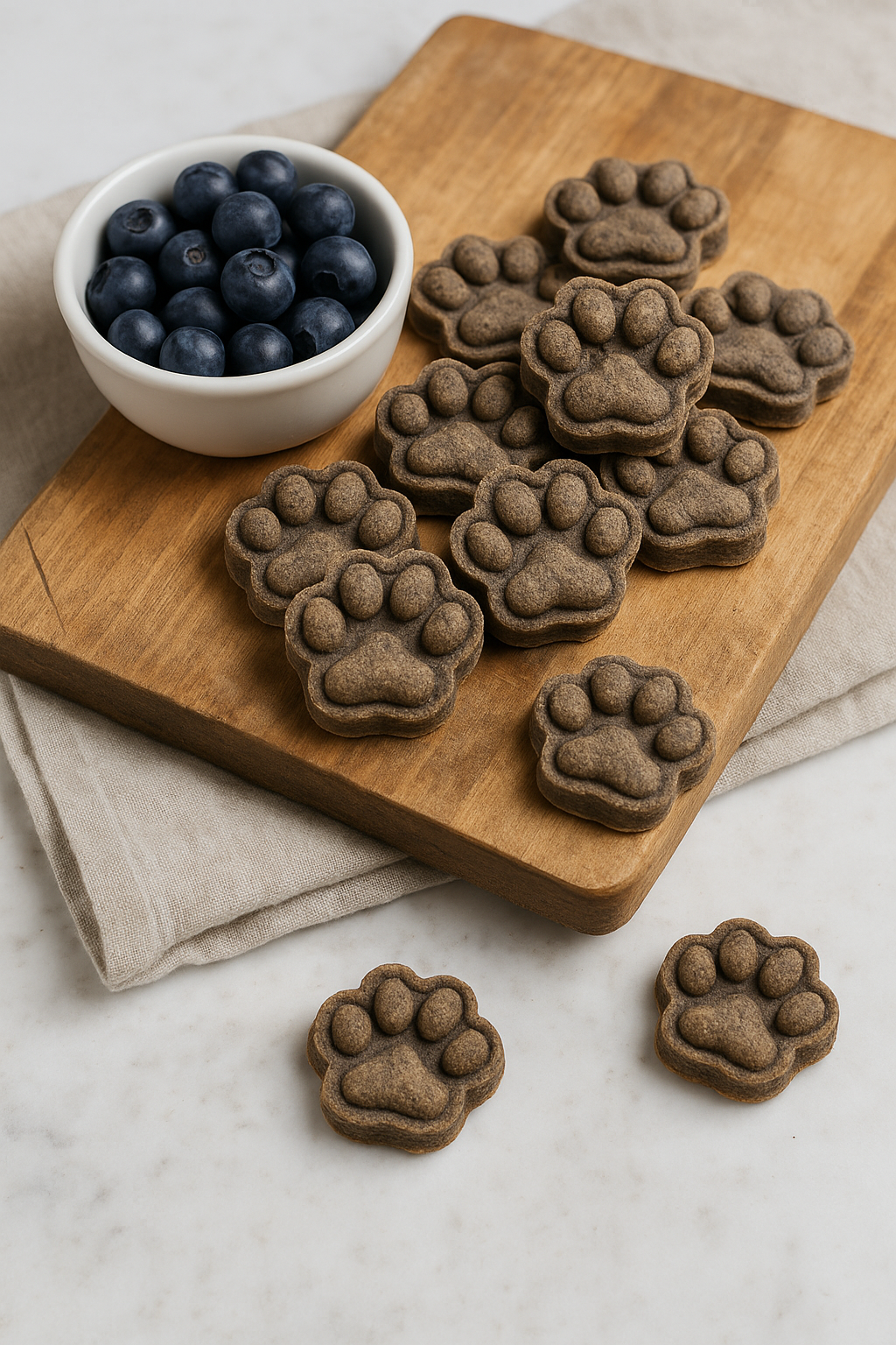 Liver + Blueberry Paws handmade organic dog treats from The Chosen Spot K9 Kitchen  on a wooden board with a bowl of blueberries.