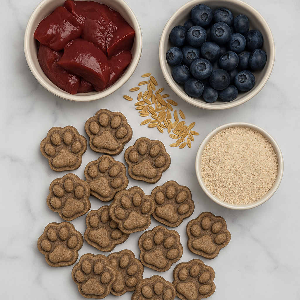 Liver + Blueberry Paws handmade organic dog treats from The Chosen Spot K9 Kitchen with a bowl of liver, a bowl of blueberries, a bowl of brown rice flour, and some grains of brown rice on a marble surface