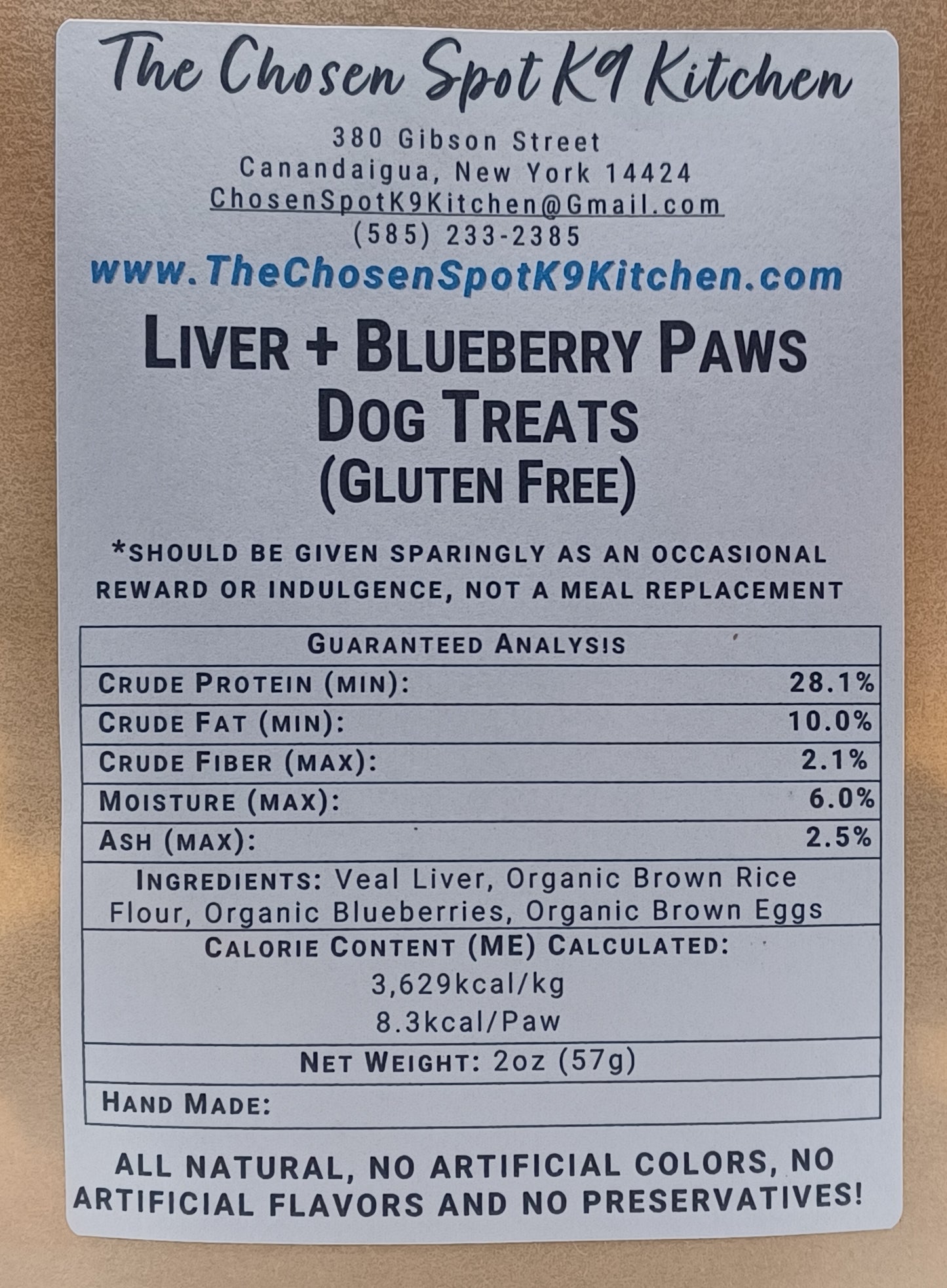 Label for Liver + Blueberry Paws Dog Treats from The Chosen Spot K9 Kitchen.