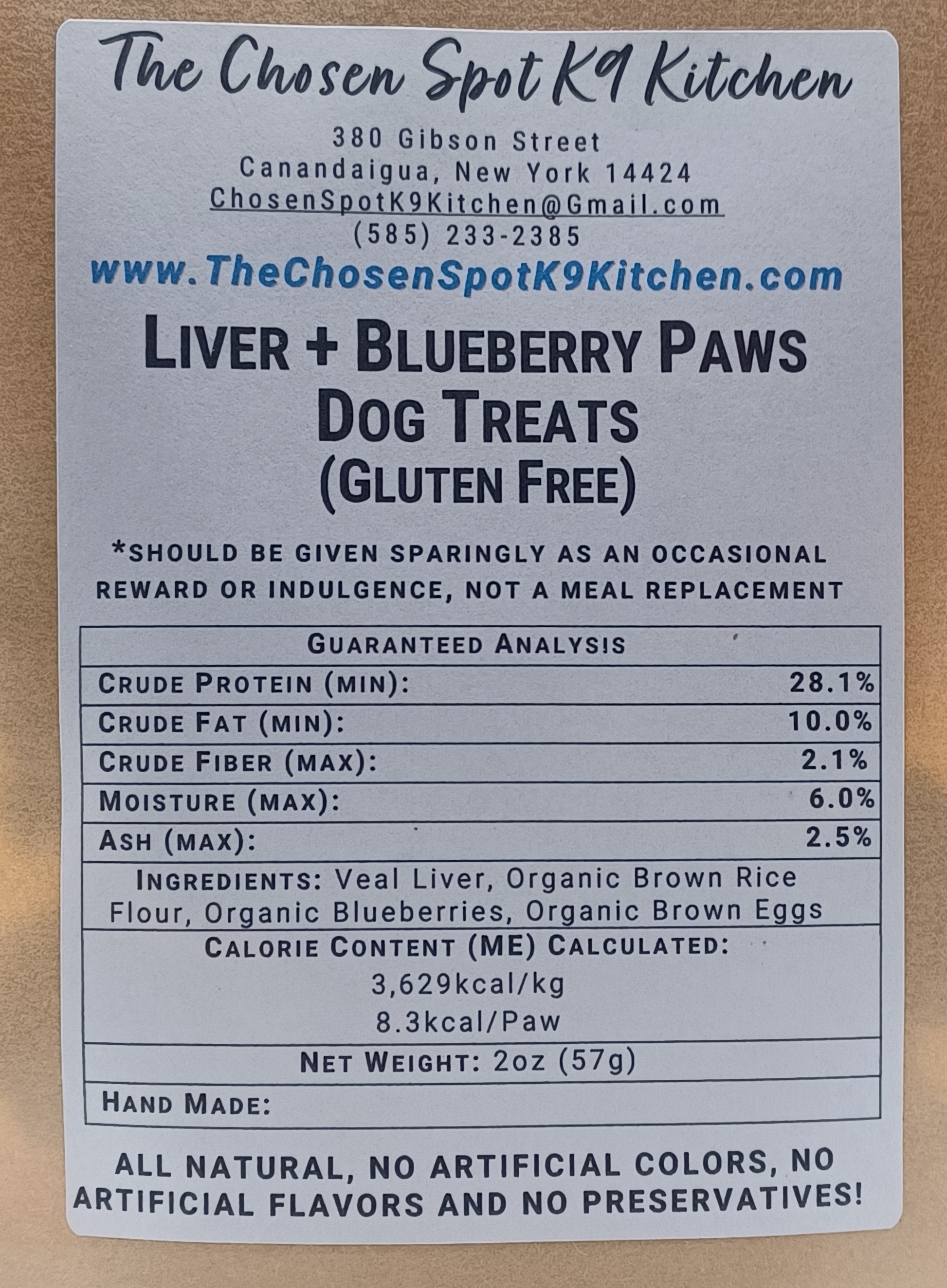 Label for Liver + Blueberry Paws Dog Treats from The Chosen Spot K9 Kitchen.