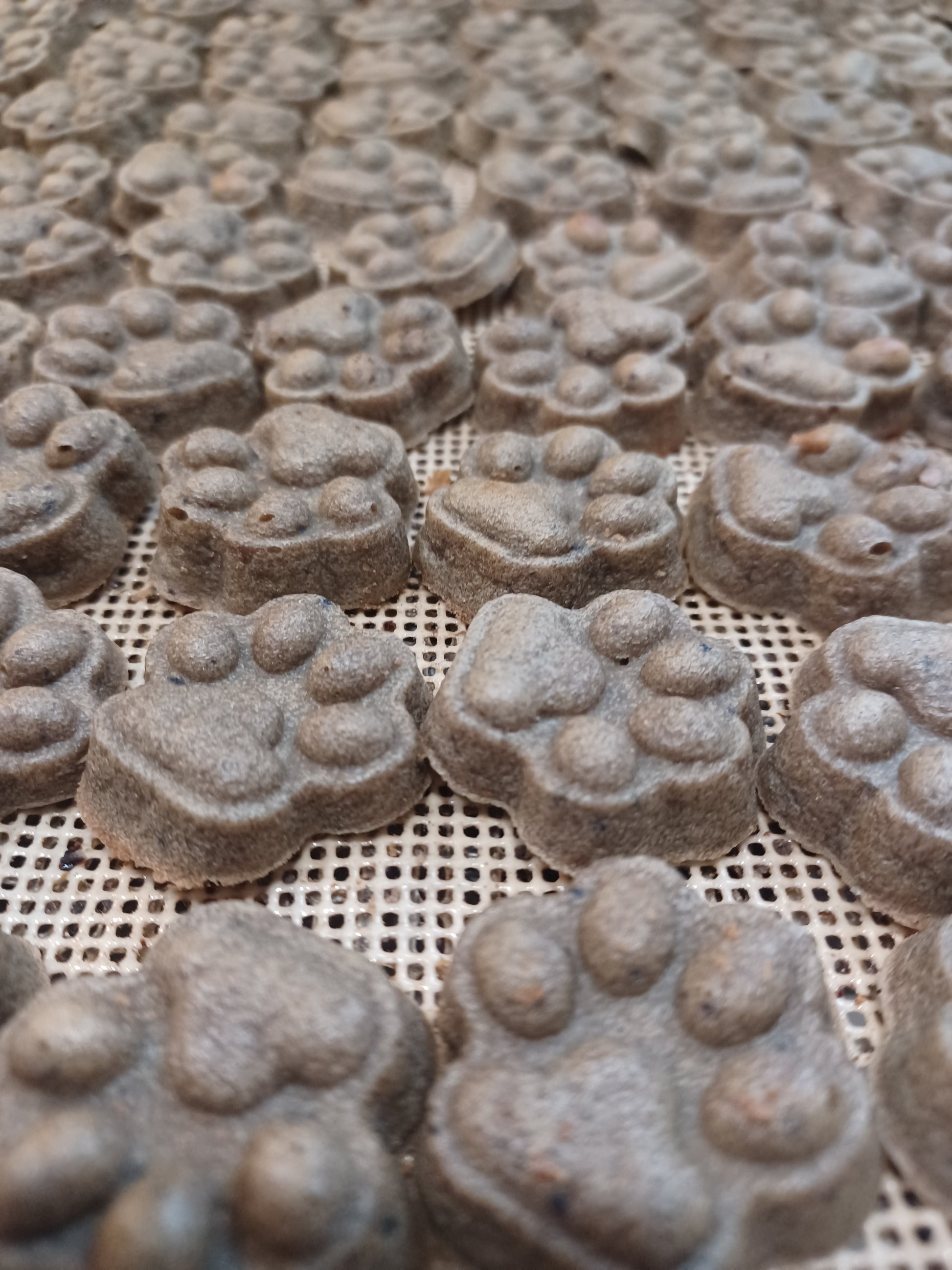 Close-up of Liver + Blueberry Dog Treats with paw print patterns