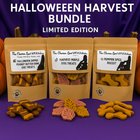 Three packages of 'The Chosen Spot K9 Kitchen's hanmade organic dog treats on a purple background with Halloween-themed treats displayed in front.