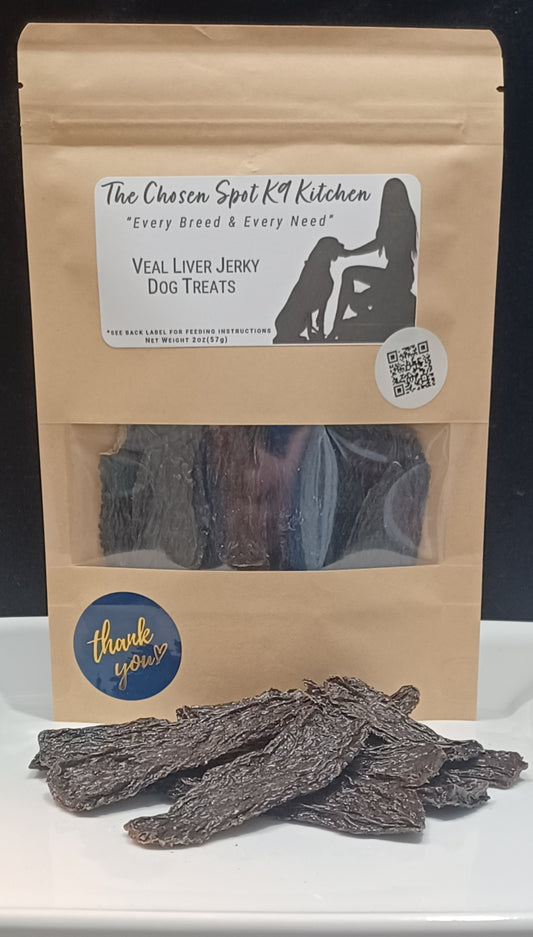 Organic Handmade Dog Treats - Veal Liver Jerky Front of Bag with Jerky in front