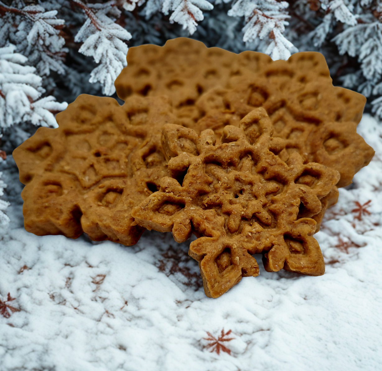 Peanut Butter Snowflakes. Handmade organic holiday dog treats from The Chosen Spot K9 Kitchen.