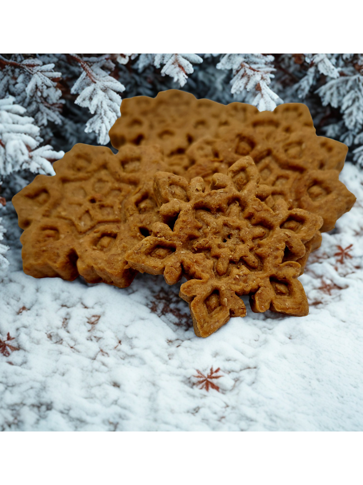 Peanut Buuter Snowflakes. Handmade organic dog treats from The Chosen Spot K9 Kitchen layed out in a snowy background.