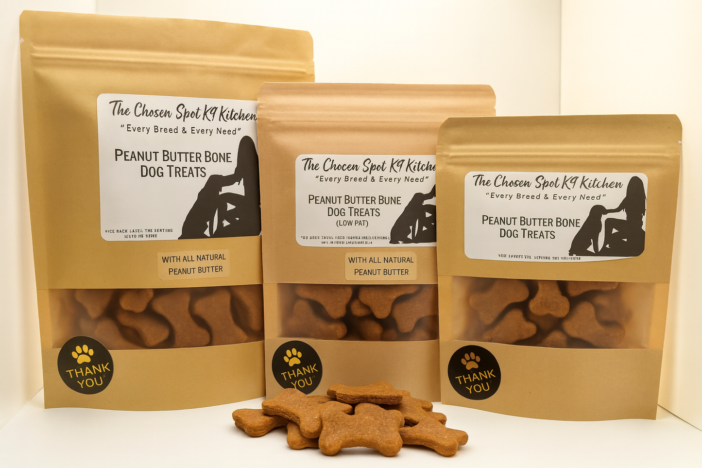 Three packages of 'The Chosen Spot Pet Kitchen' peanut butter bone dog treats on a white background.