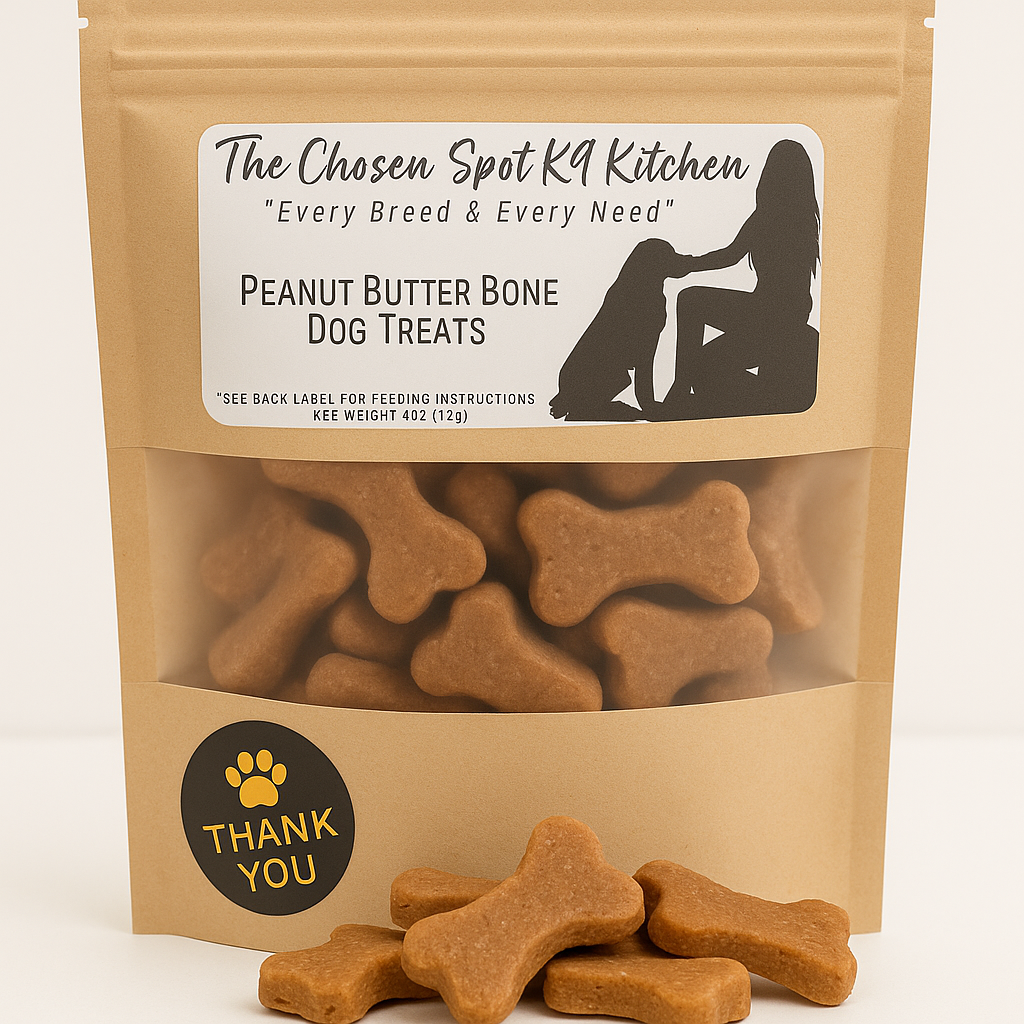 Package of Peanut Butter Bones. Handmade organic dog treats from The Chosen Spot K9 Kitchen on a white background.