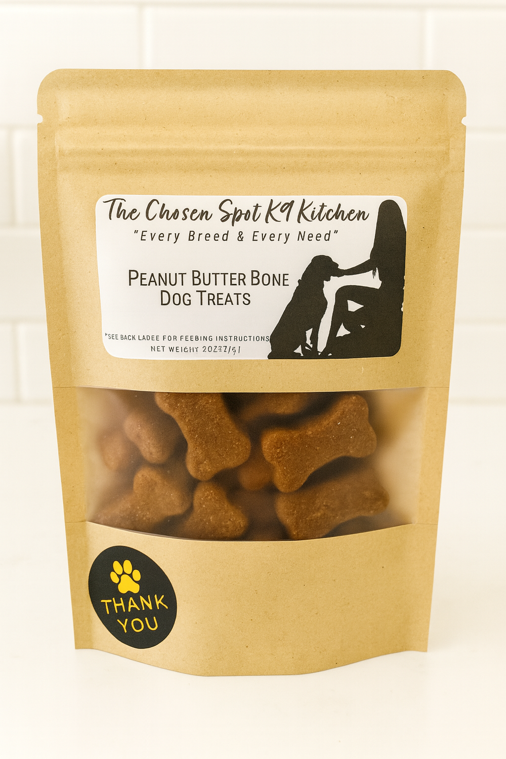 Peanut Butter Bone (Low-Fat). Handmade Organic Dog Treats from The Chosen Spot K9 Kitchen - FRONT Label