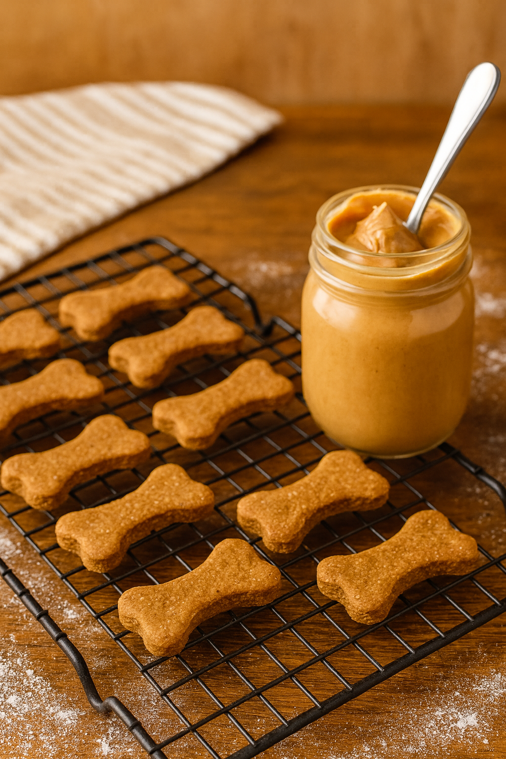 Bag of Peanut Butter Bone  handmade organic dog treats from The Chosen Spot K9 Kitchen on a cooling rack near a ar of penut butter.