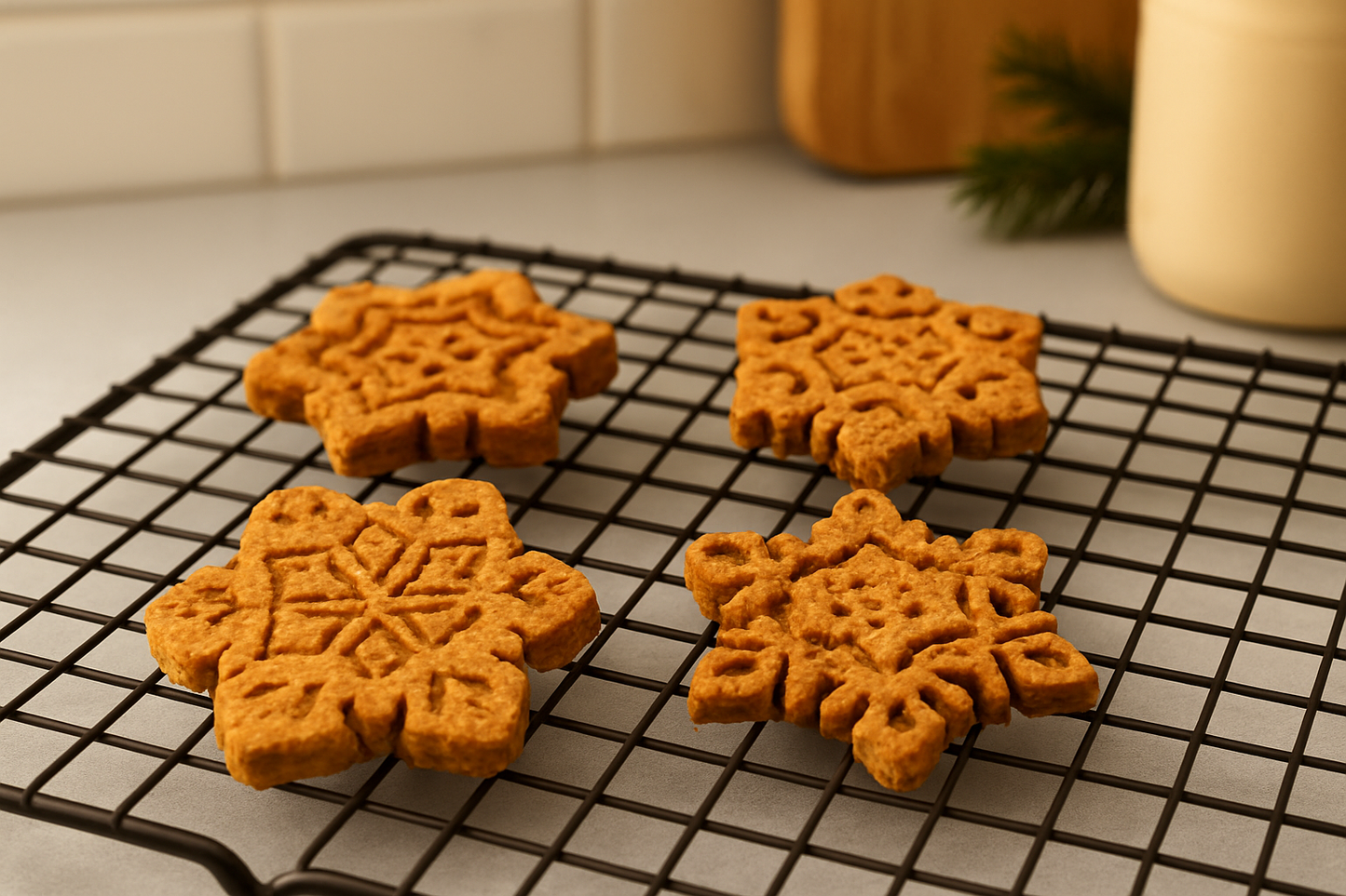 Peanut Butter Snowflakes. Handmade organic holiday dog treats from The Chosen Spot K9 Kitchen on a cooling rack