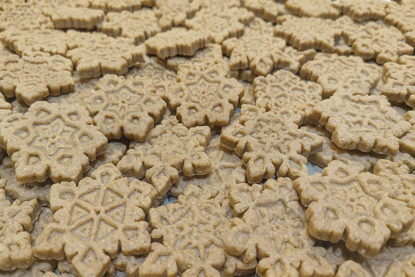 Peanut Butter Snowflakes. Handmade organic holiday dog treats from The Chosen Spot K9 Kitchen