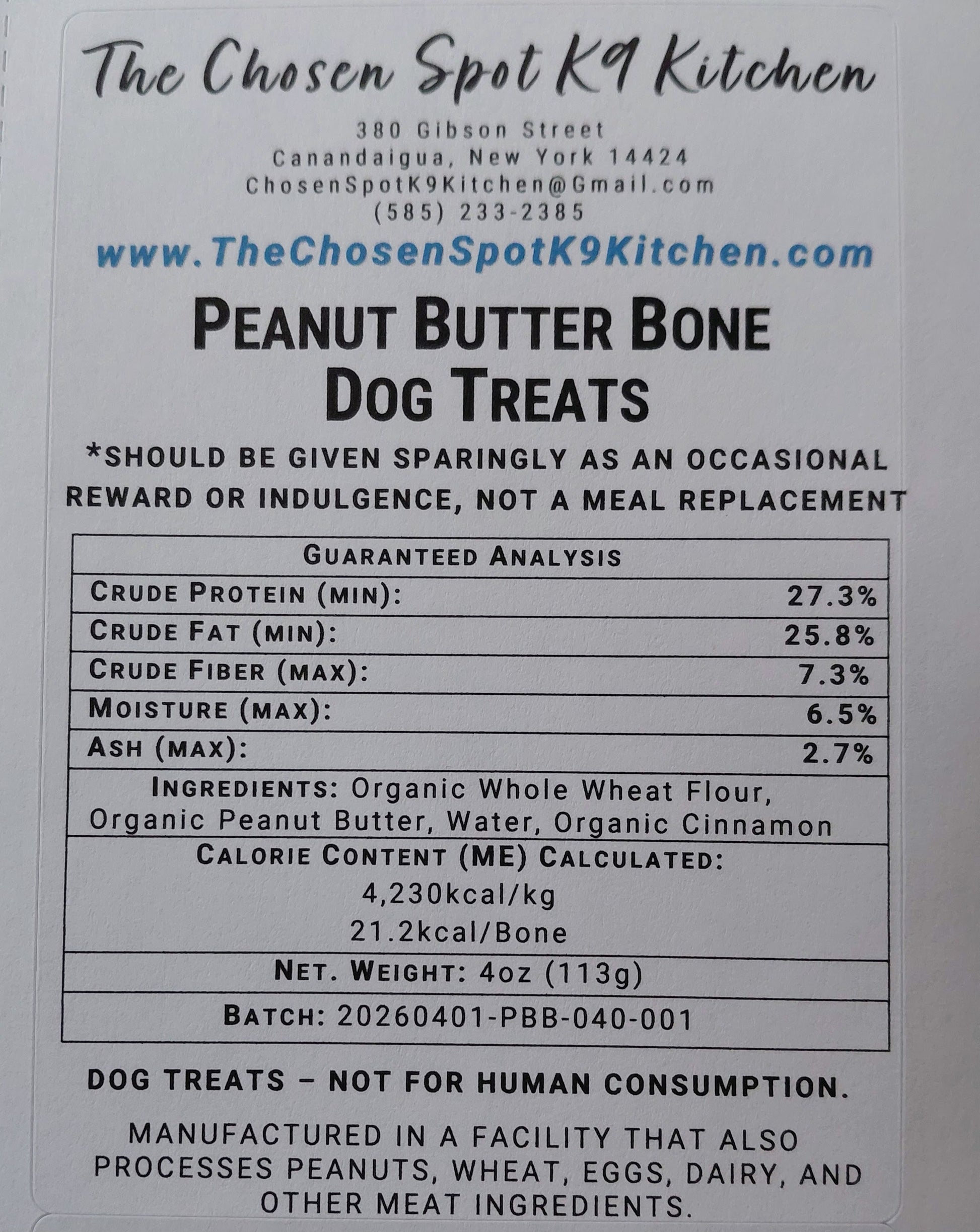 Dog treat Gruaranteed Analysis abel for 'Peanut Butter Bones' from The Chosen Spot K9 Kitchen with nutritional information and ingredients.