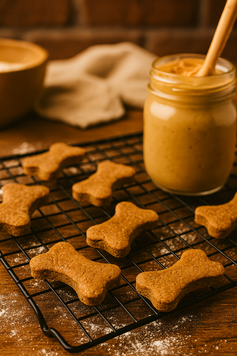 Peanut Butter Bone handmade organic dog treats from The Chosen Spot K9 Kitchen on a cooling rack near a jar of peanut butter.