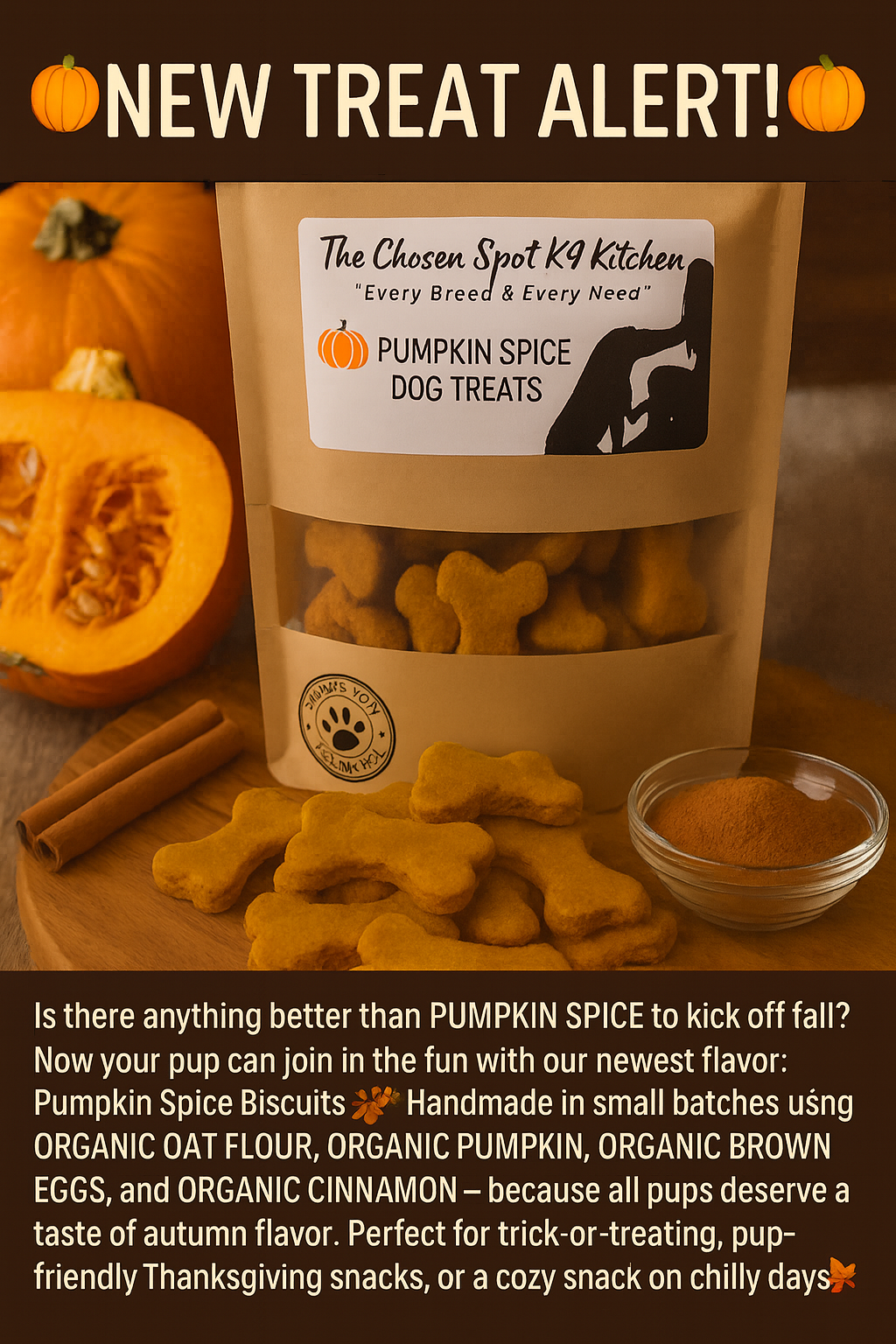 Bag of pumpkin spice dog treats with pumpkins, cinnamon, and a bowl of pumpkin puree on a wooden surface.