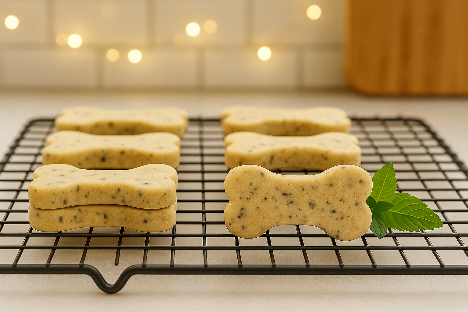 Puppermint Biscuits. Handmade organic holiday dog treats from The Chosen Spot K9 Kitchen on a cooling rack.