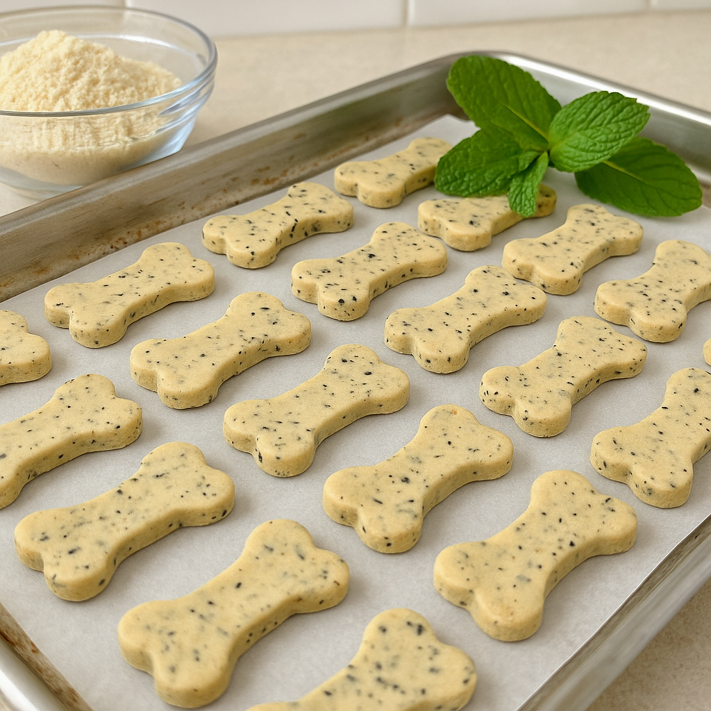 Puppermint Biscuits. Handmade organic holiday dog treats from The Chosen Spot K9 Kitchen on a cookie sheet